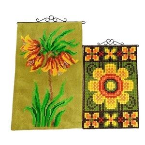 Vintage Pair MCM Wall Art Hangings Floral Embroidered Mid Century Large Flowers